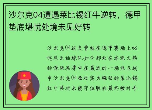 沙尔克04遭遇莱比锡红牛逆转，德甲垫底堪忧处境未见好转