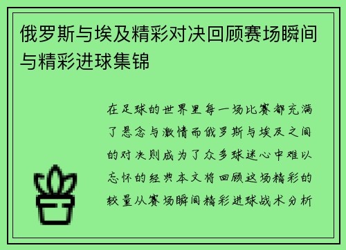 俄罗斯与埃及精彩对决回顾赛场瞬间与精彩进球集锦
